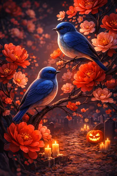 Two Blue Birds Perched Among Red Flowers