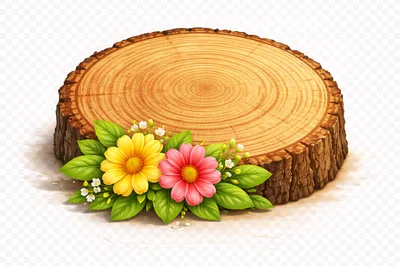 Wooden Tree Stump Display Platform With Flowers