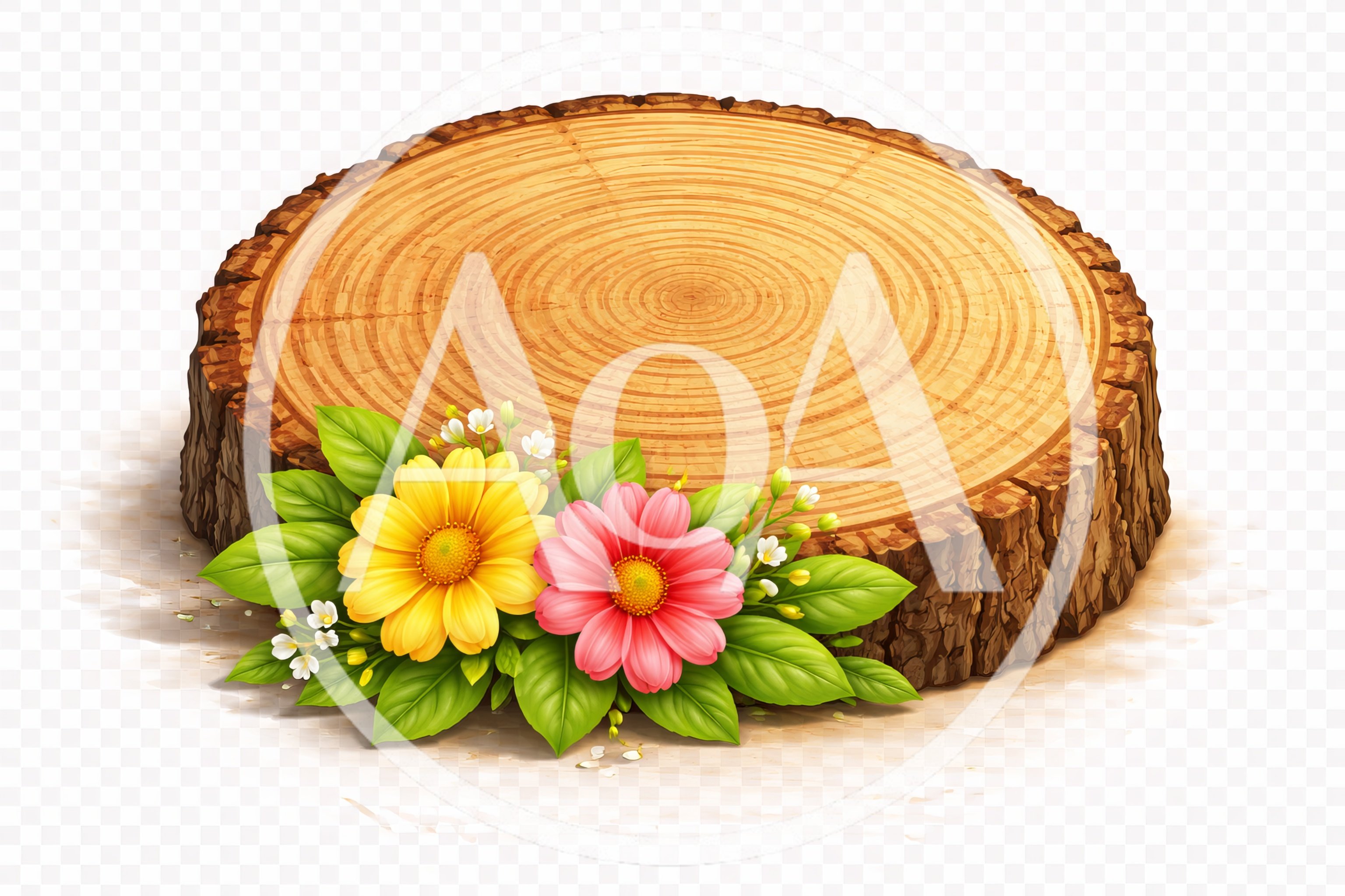 Wooden Tree Stump Display Platform With Flowers