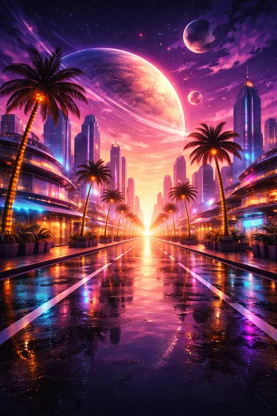 Futuristic Cityscape With Palm Trees And Planetary Sky