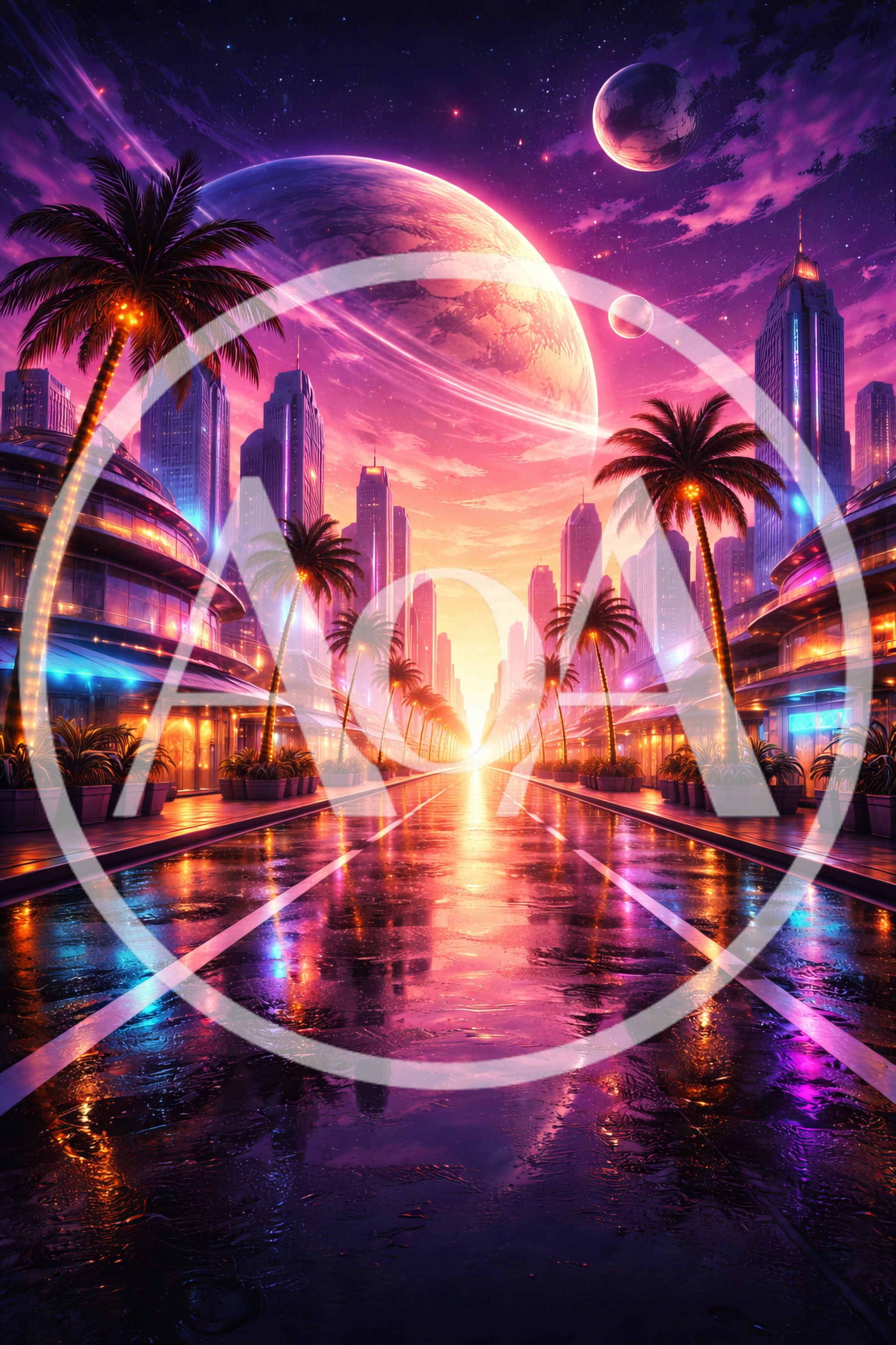 Futuristic Cityscape With Palm Trees And Planetary Sky