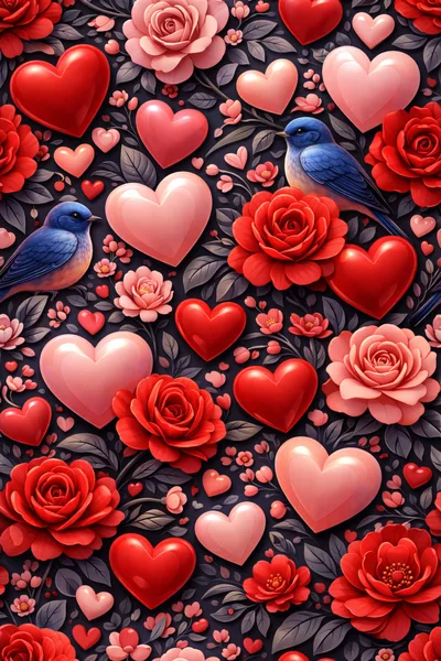 Romantic Floral Pattern With Hearts And Bluebirds