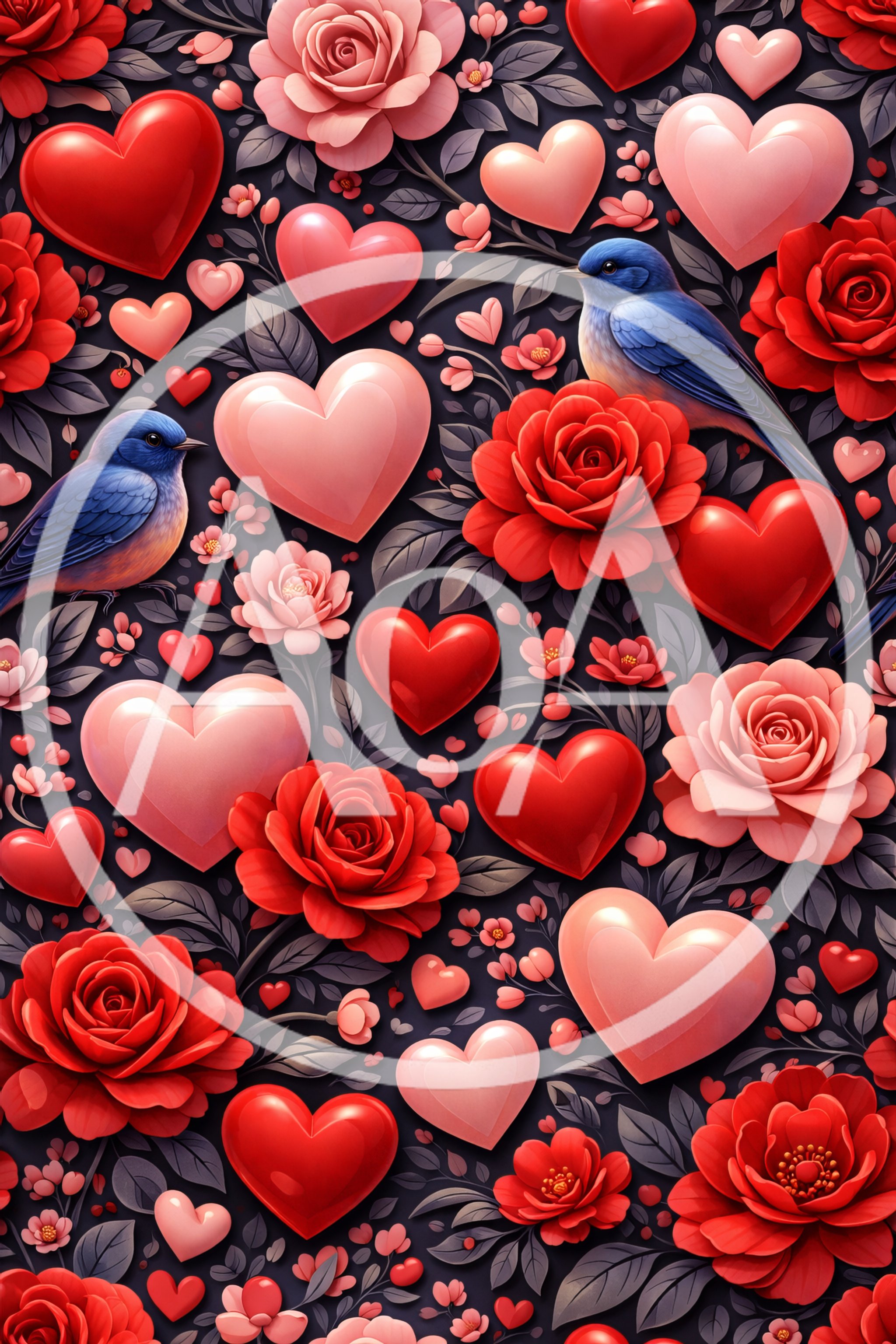 Romantic Floral Pattern With Hearts And Bluebirds