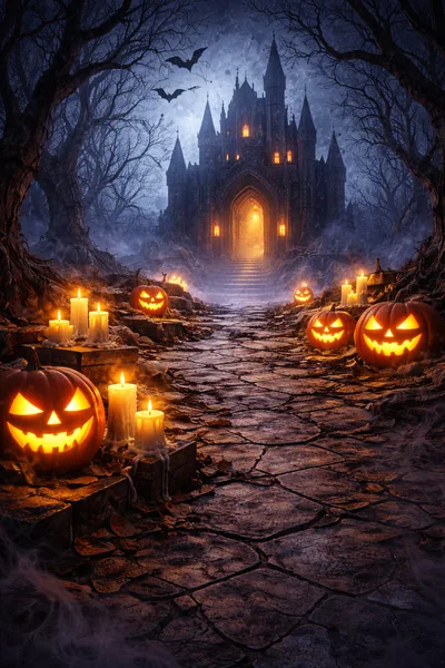 Spooky Halloween Castle Path With Glowing Jack O Lanterns