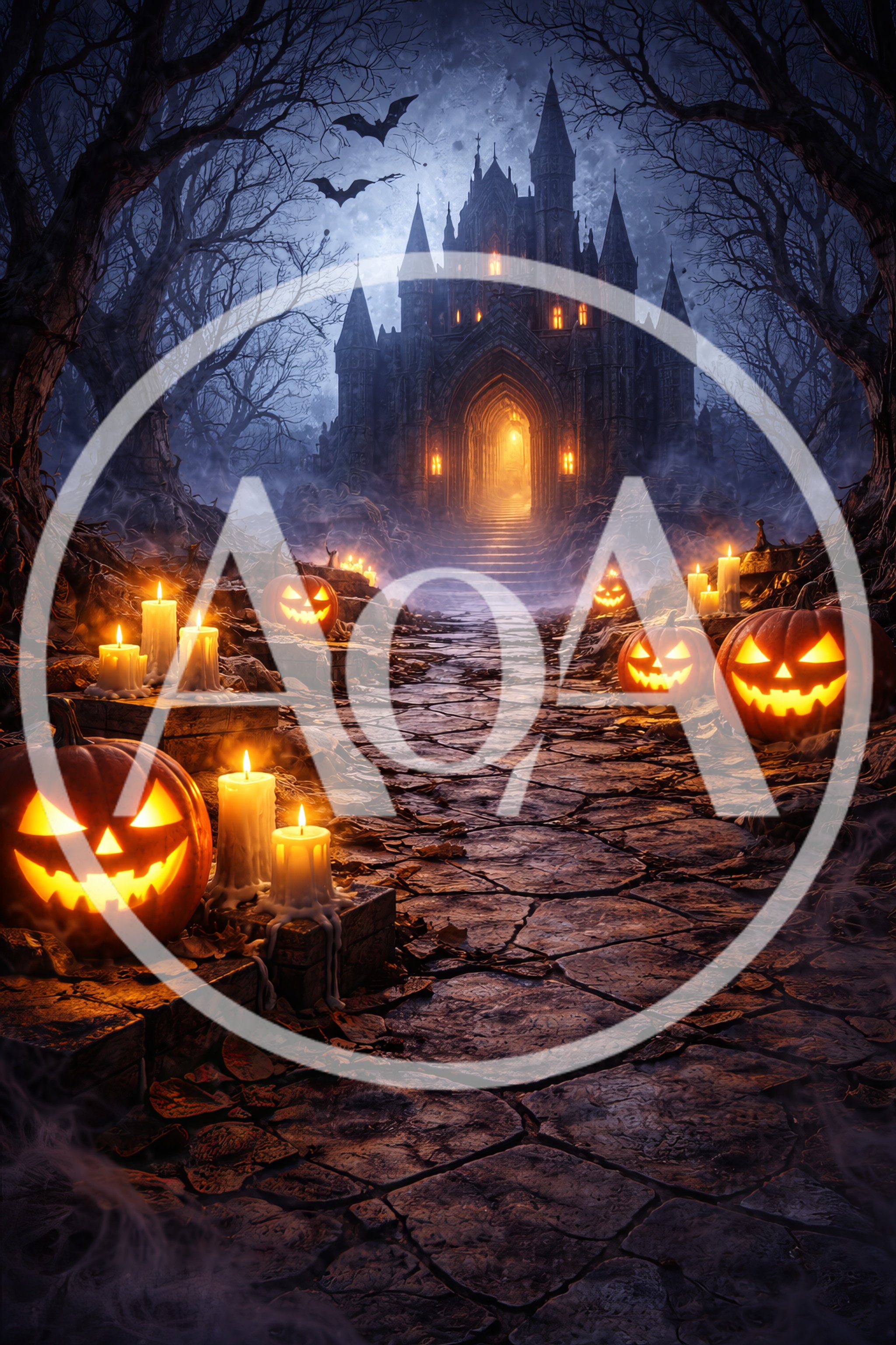 Spooky Halloween Castle Path With Glowing Jack O Lanterns