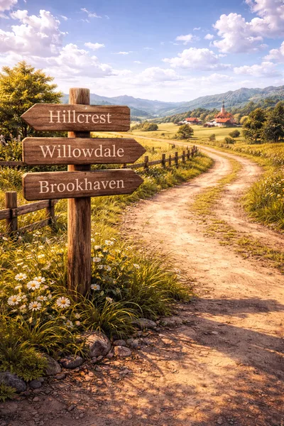Wooden Signpost Pointing To Rural Destinations