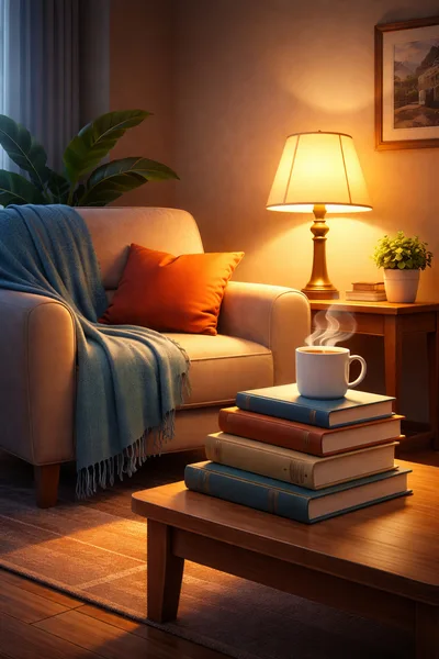 Cozy Reading Nook With Books And Steaming Coffee