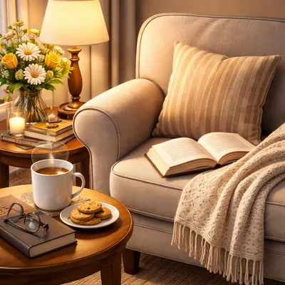 Cozy Reading Nook With Book And Tea