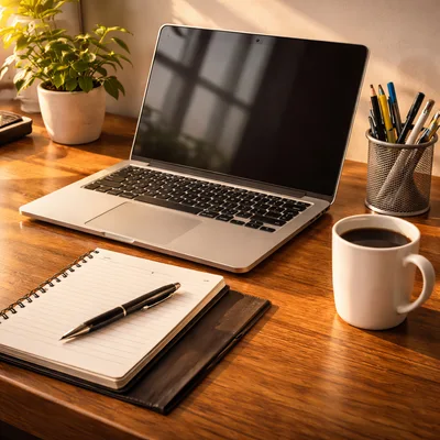 Modern Home Office Workspace With Laptop And Coffee