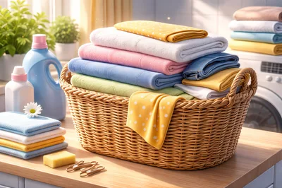 Laundry Basket With Folded Towels And Detergent