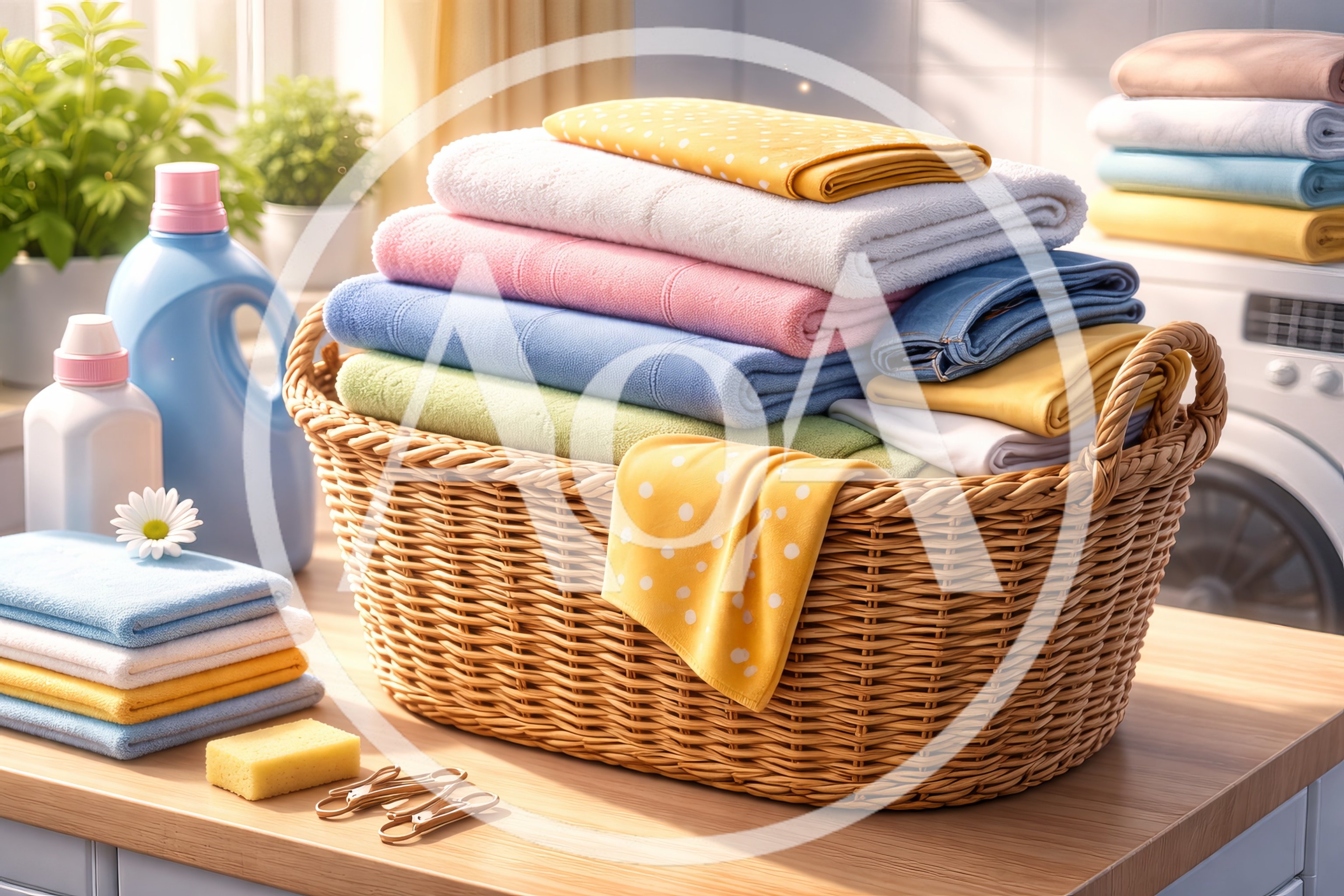 Laundry Basket With Folded Towels And Detergent