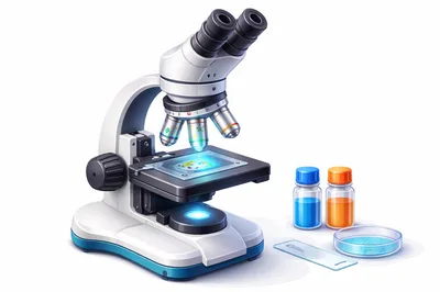 Scientific Microscope With Laboratory Equipment And Samples