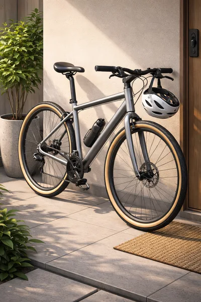 Modern Hybrid Bicycle Parked Outside A Residential Entrance