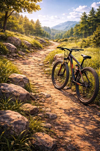 Mountain Bike Parked On A Rocky Forest Trail