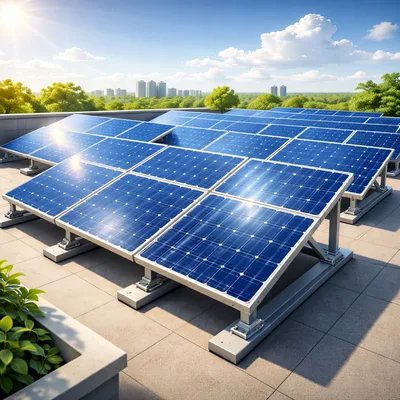 Solar Panel Array On A Rooftop Terrace
