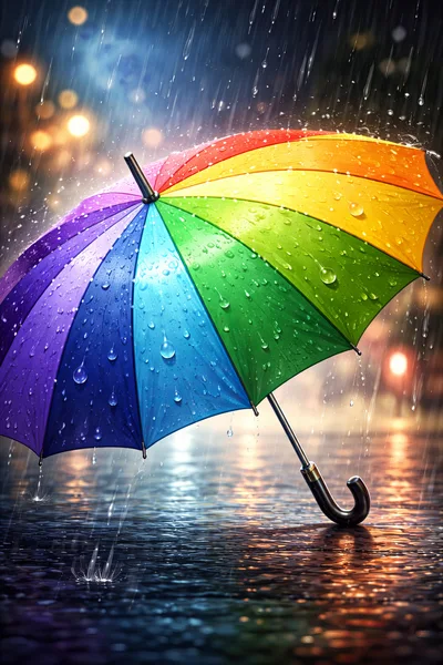Rainbow Umbrella Standing On Wet Pavement During Rainstorm