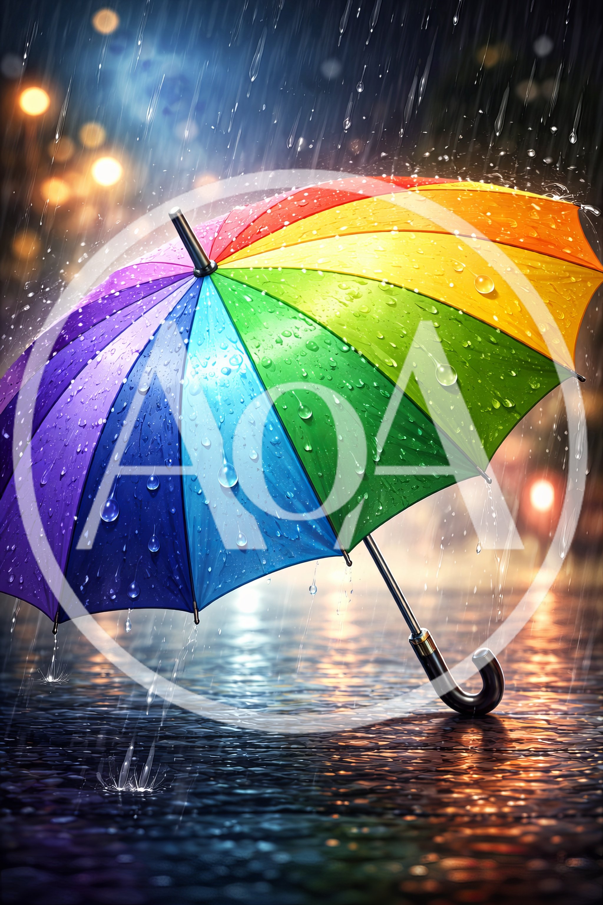Rainbow Umbrella Standing On Wet Pavement During Rainstorm