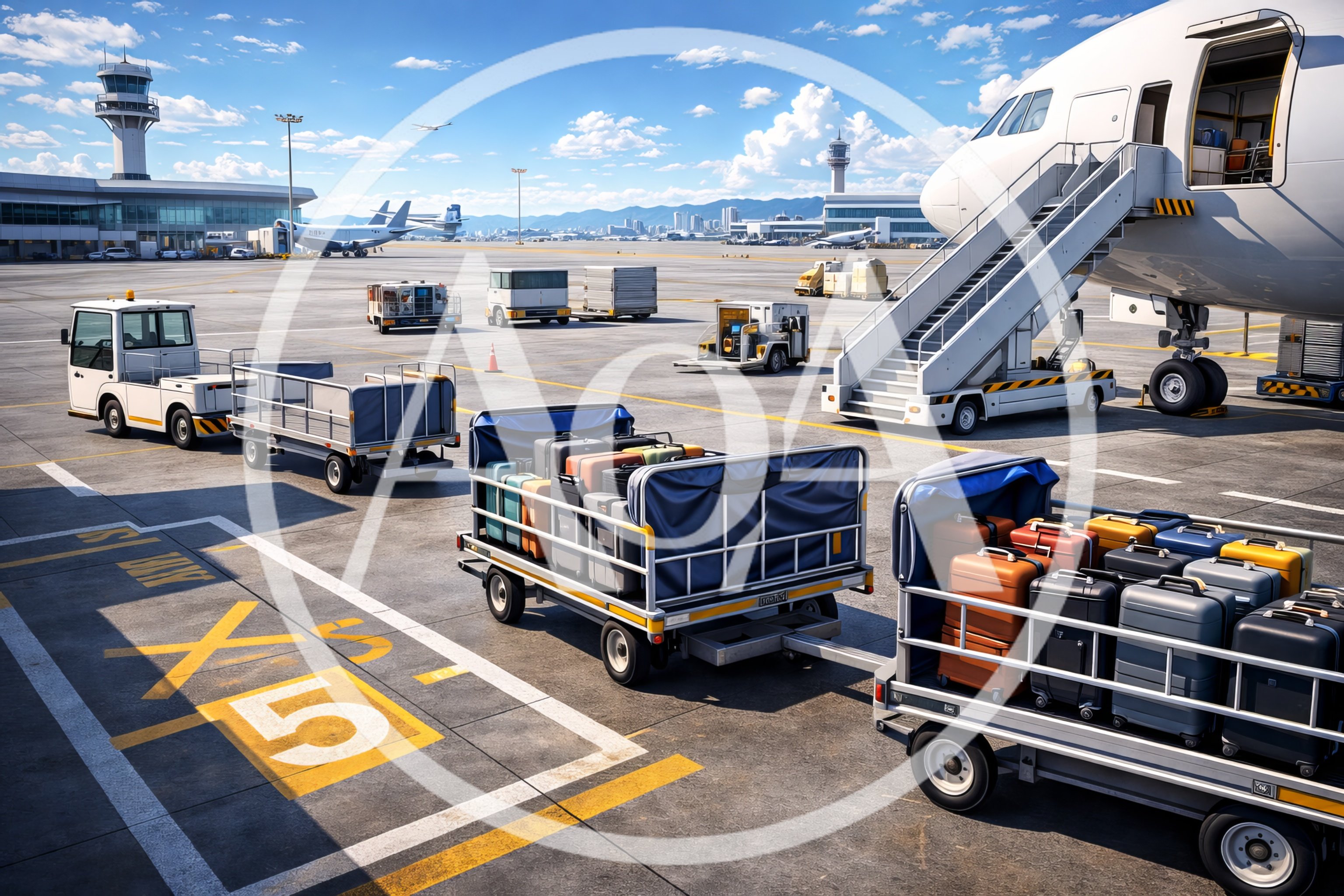 Airport Ground Crew Luggage Carts on Tarmac