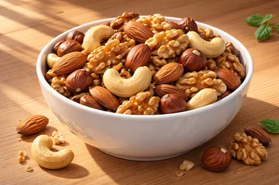 Bowl Of Mixed Nuts On Wooden Table