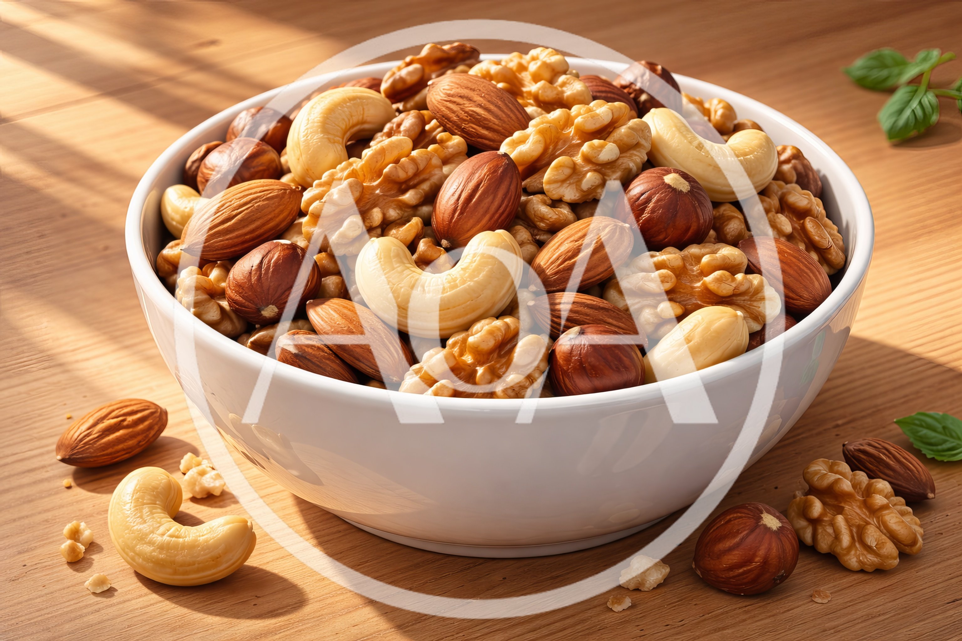 Bowl Of Mixed Nuts On Wooden Table