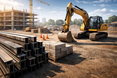 Yellow Excavator At A Construction Site With Building Materials