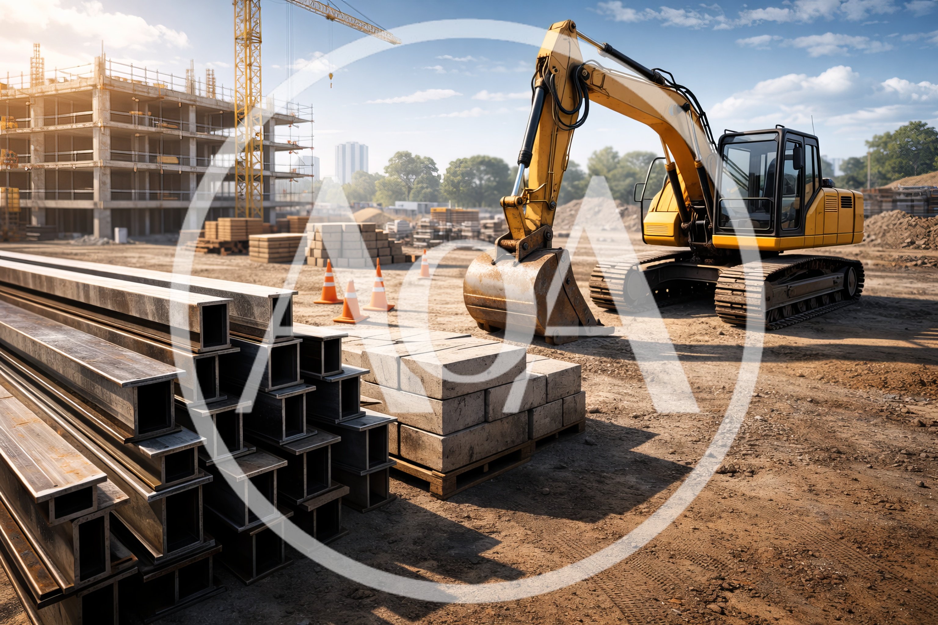 Yellow Excavator At A Construction Site With Building Materials