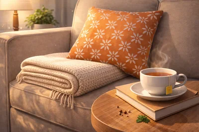 Cozy Living Room Scene With Tea And Book