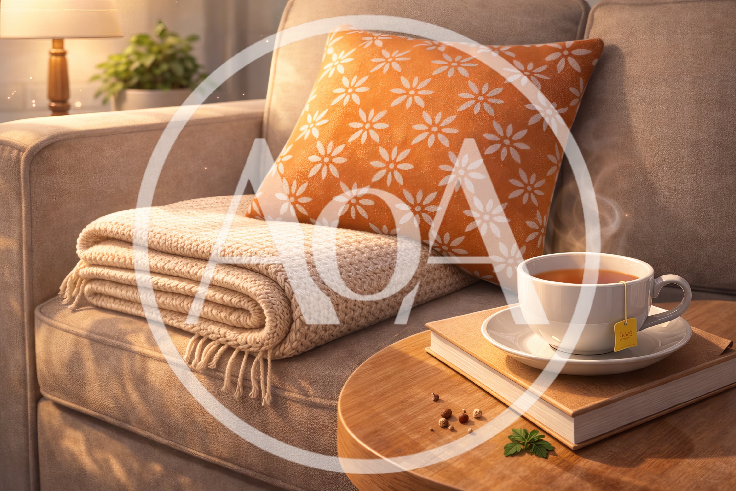 Cozy Living Room Scene With Tea And Book