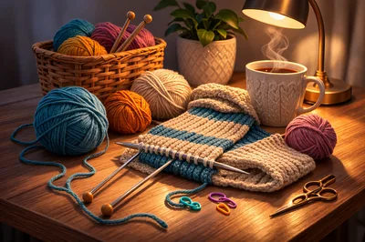 Cozy Knitting Project With Yarn And Hot Coffee