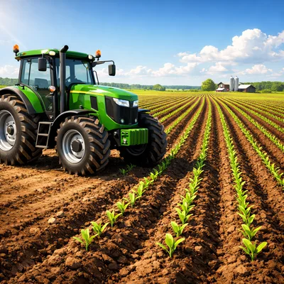 Green Tractor Working In A Sunny Corn Field