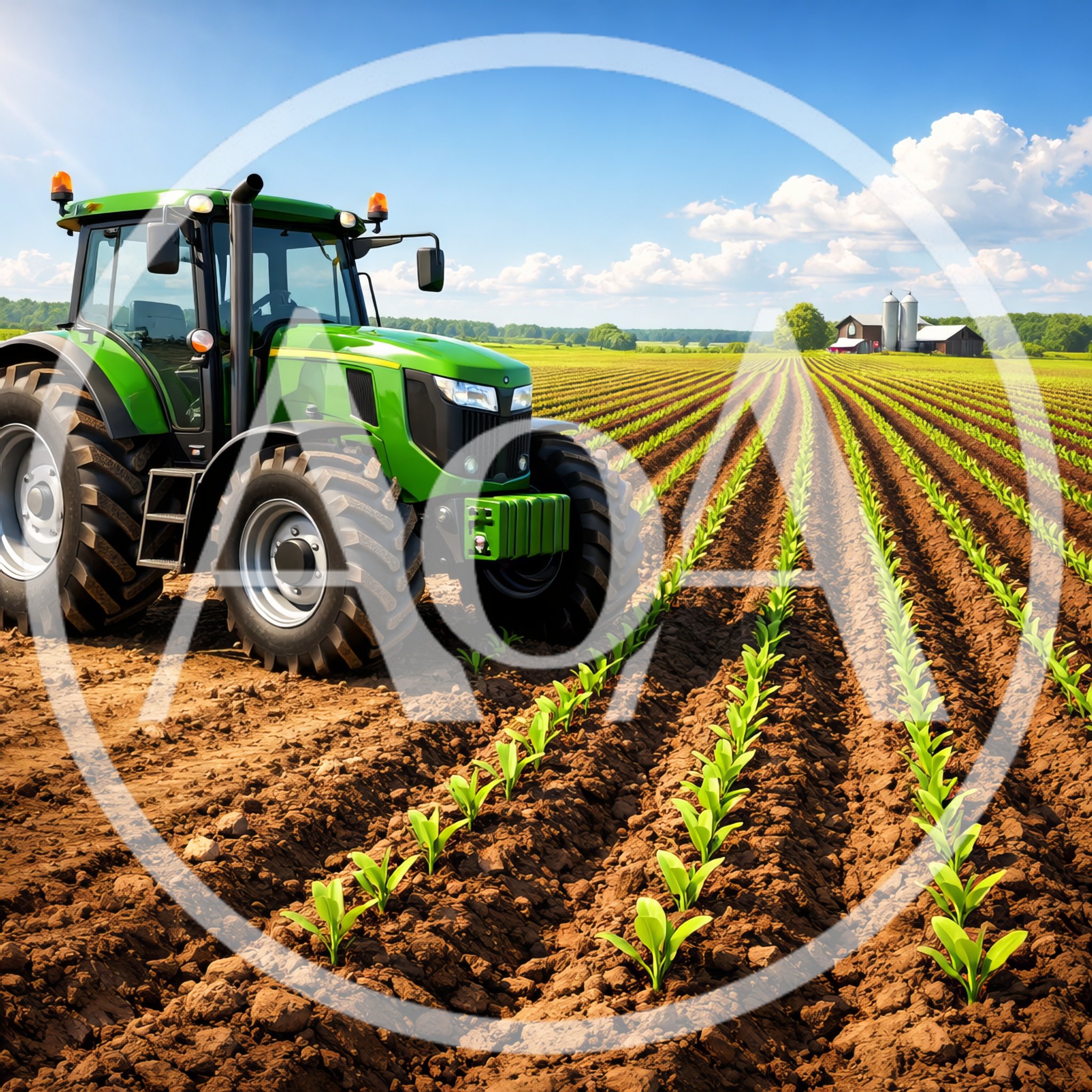Green Tractor Working In A Sunny Corn Field