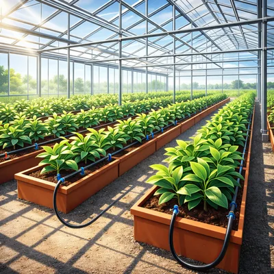 Rows of Green Plants in a Modern Greenhouse