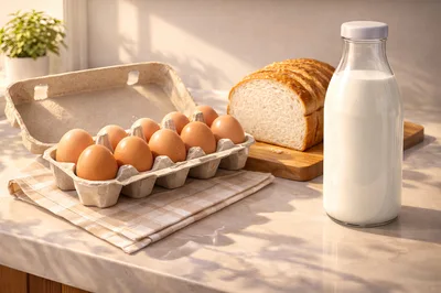 Fresh Breakfast Ingredients With Eggs Bread And Milk