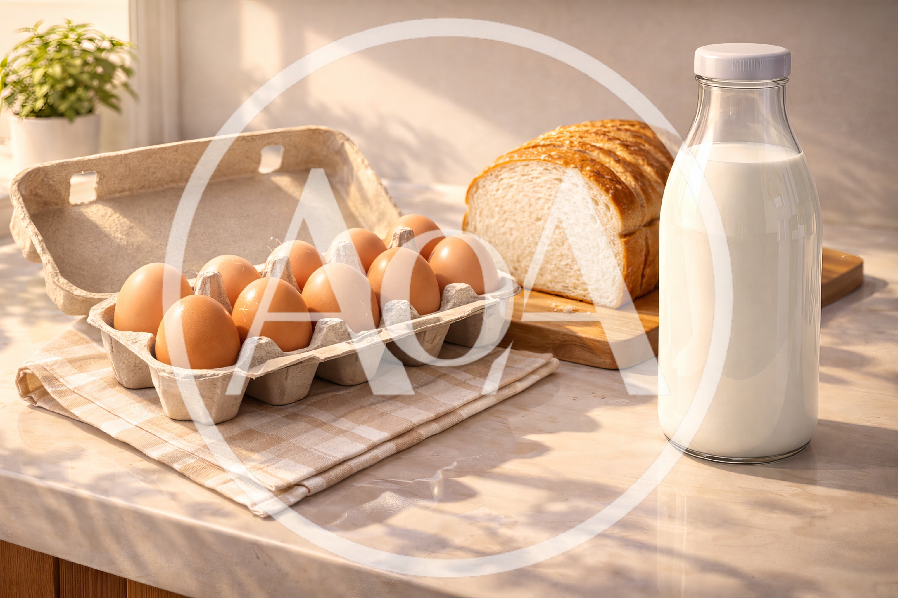 Fresh Breakfast Ingredients With Eggs Bread And Milk