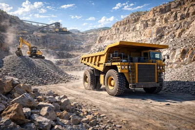 Large Yellow Mining Dump Truck In A Rock Quarry