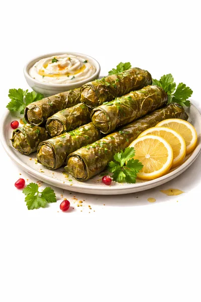 Plate Of Stuffed Grape Leaves With Lemon And Dip