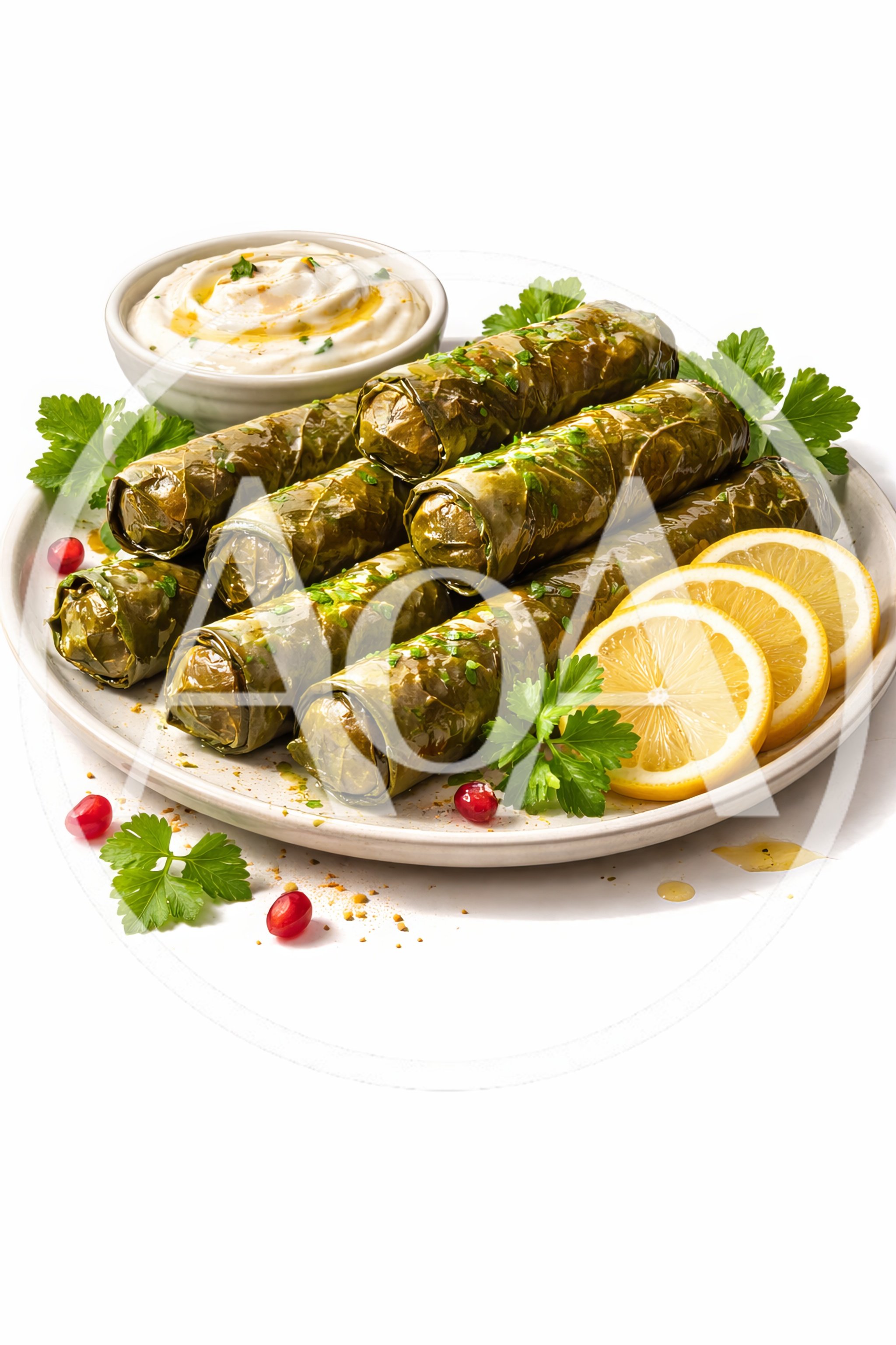 Plate Of Stuffed Grape Leaves With Lemon And Dip