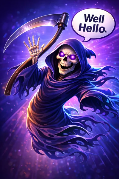 Grim Reaper Character Waving With Scythe