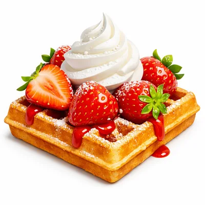 Belgian Waffle Topped With Fresh Strawberries And Whipped Cream