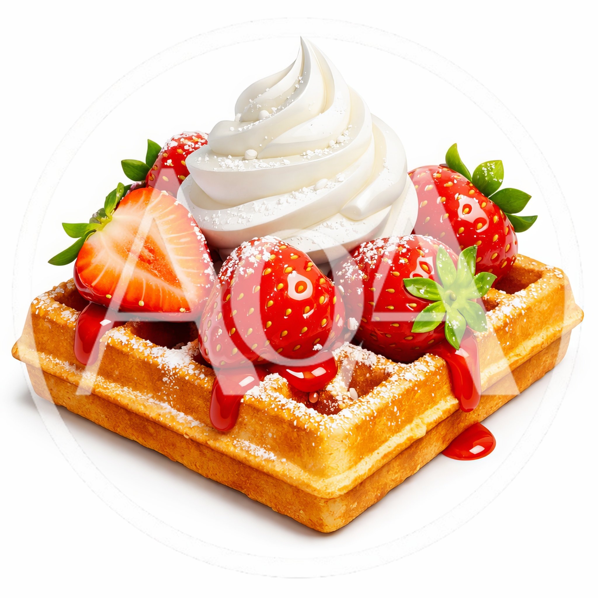 Belgian Waffle Topped With Fresh Strawberries And Whipped Cream