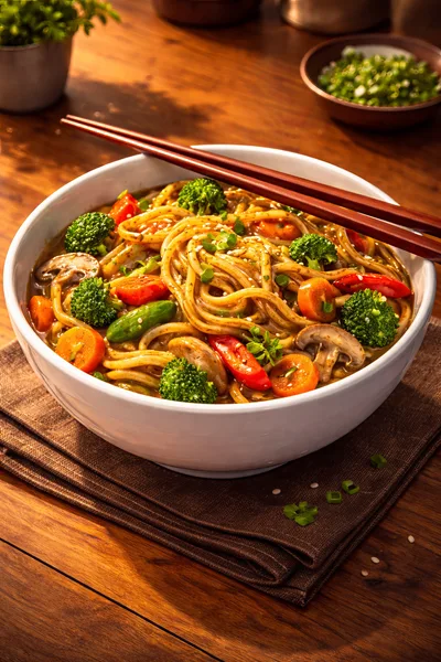 Bowl Of Vegetable Stir Fry Noodles With Chopsticks