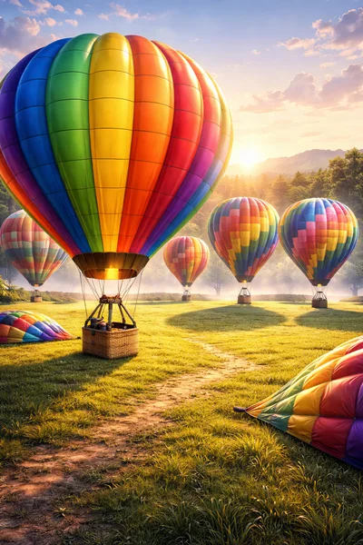 Colorful Hot Air Balloons Landing In A Sunny Meadow