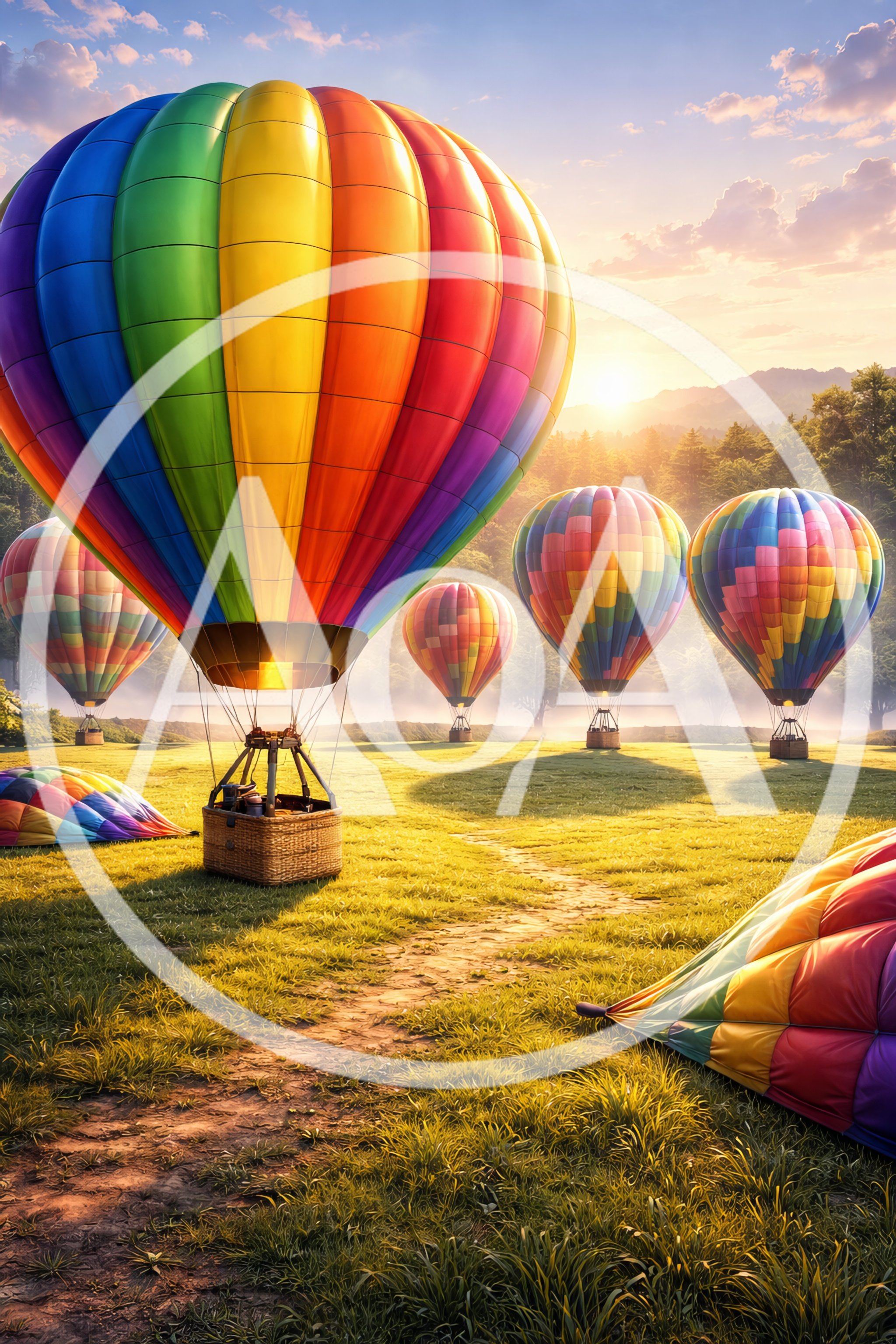 Colorful Hot Air Balloons Landing In A Sunny Meadow
