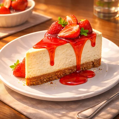 Slice of Strawberry Cheesecake with Red Glaze