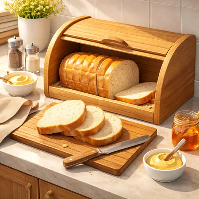 Fresh Sliced Bread In A Wooden Bread Box