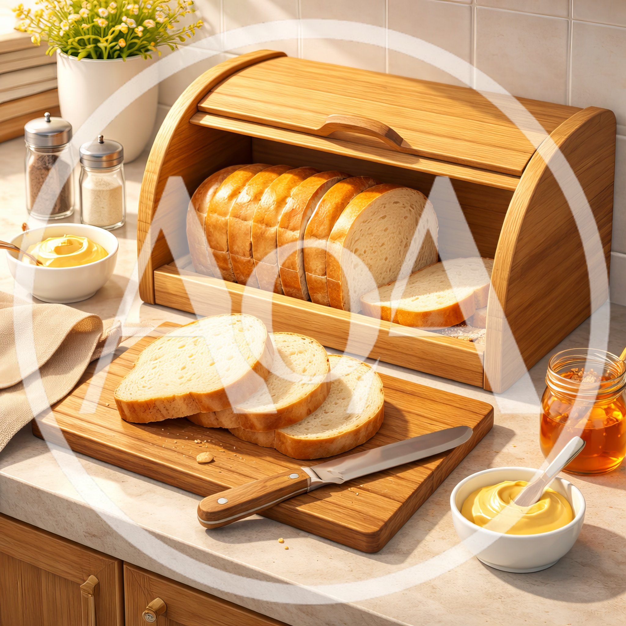 Fresh Sliced Bread In A Wooden Bread Box