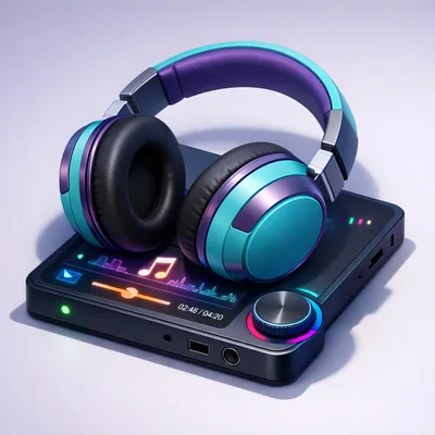 Modern Wireless Headphones Resting On A Digital Music Player