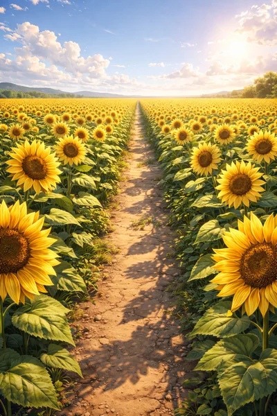 Sunlit Path Through A Vast Sunflower Field