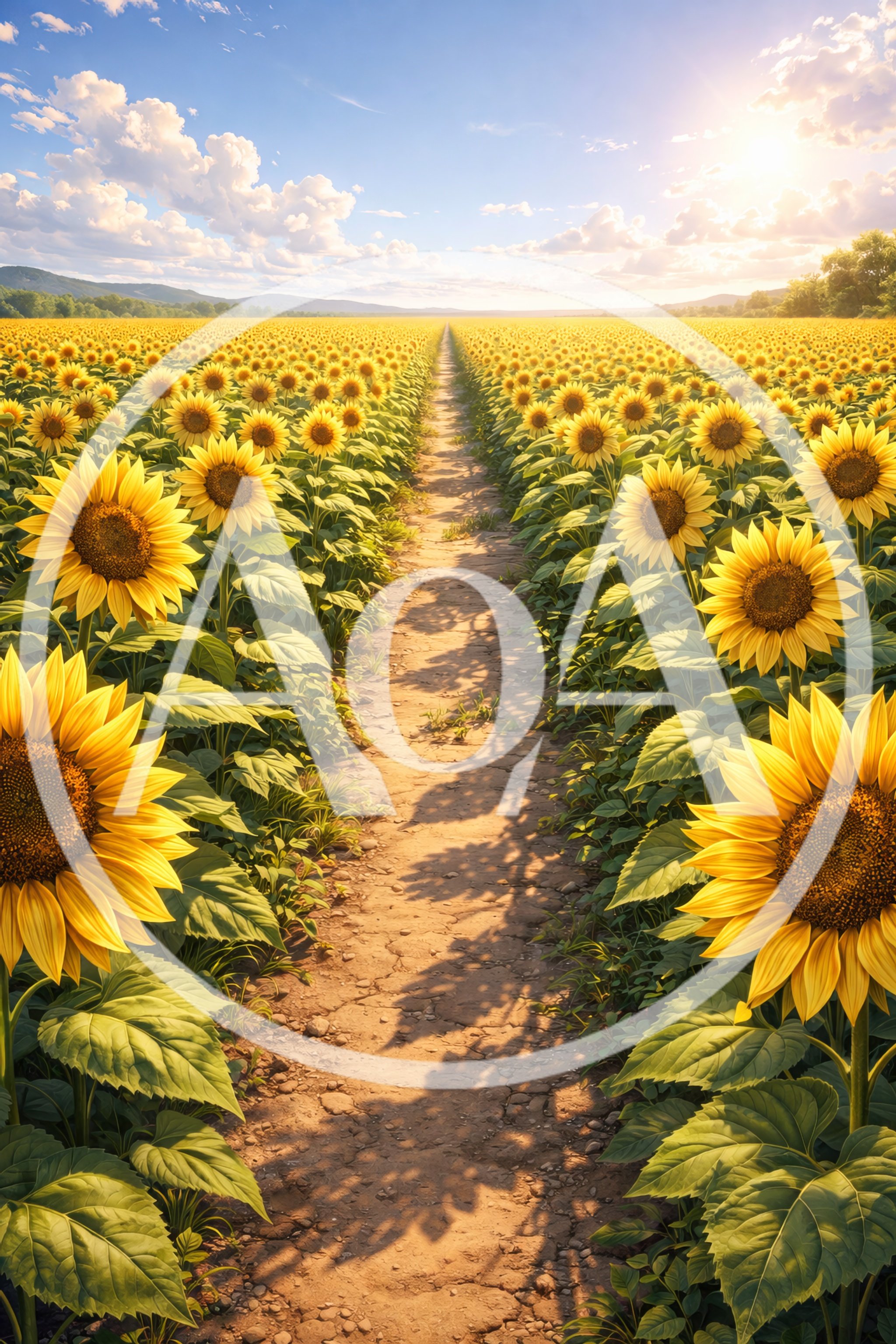 Sunlit Path Through A Vast Sunflower Field
