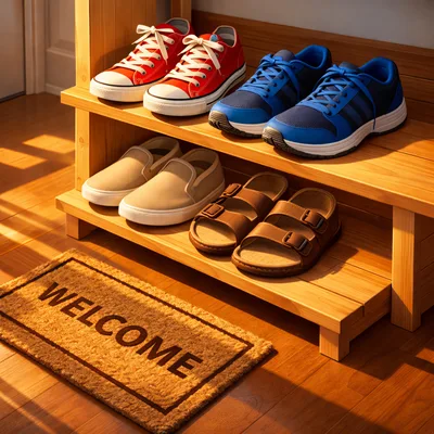 Wooden Shoe Rack With Assorted Footwear